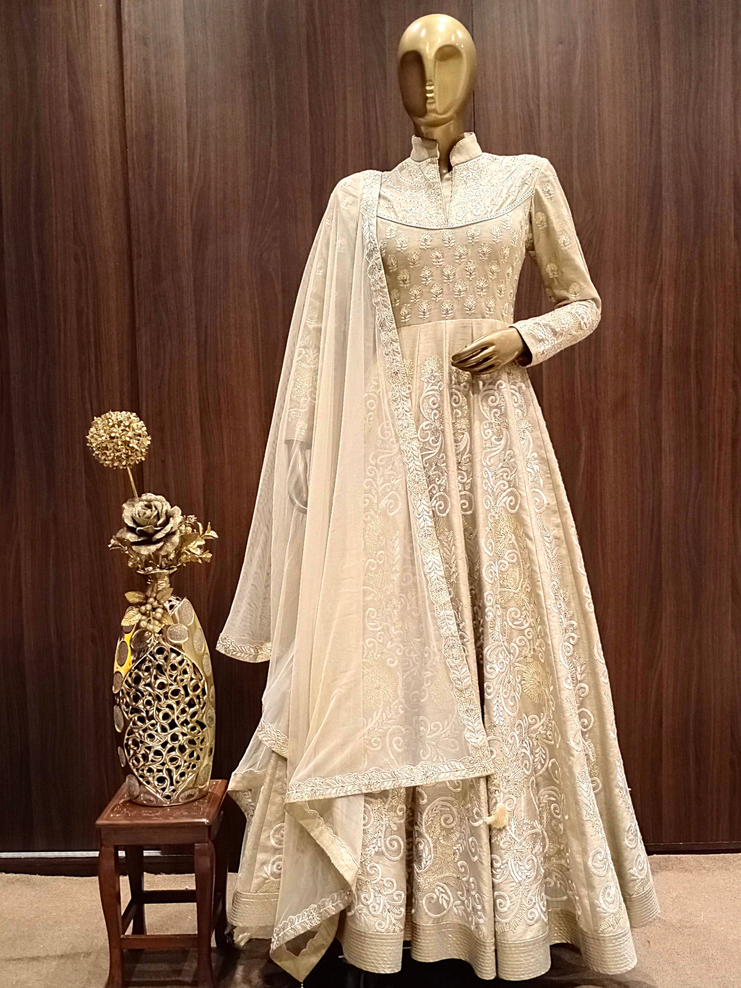 Beige Raw Silk Anarkali Gown With Gold,Resham Embroidery & Stylised Back