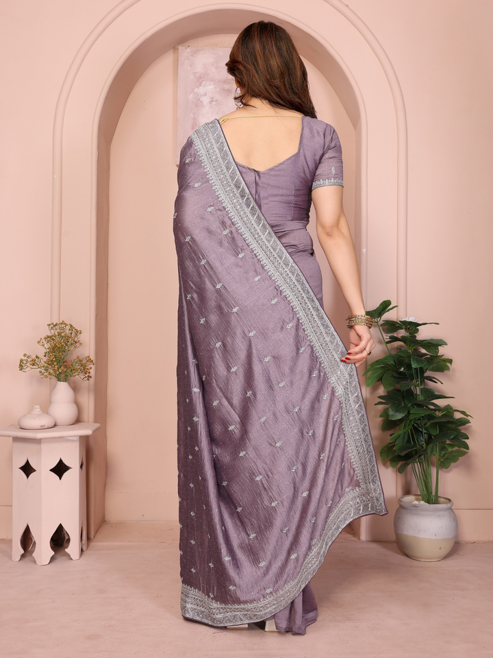Mauve Sequin Embroidered Booti Saree with Broad Border