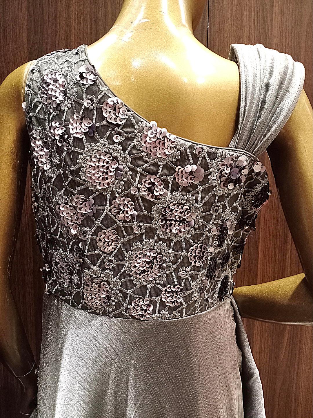 Grey Flared Cut work Gown With Ruffled Sleeves, Sequence & Oxidised Silver Zari Embroidery