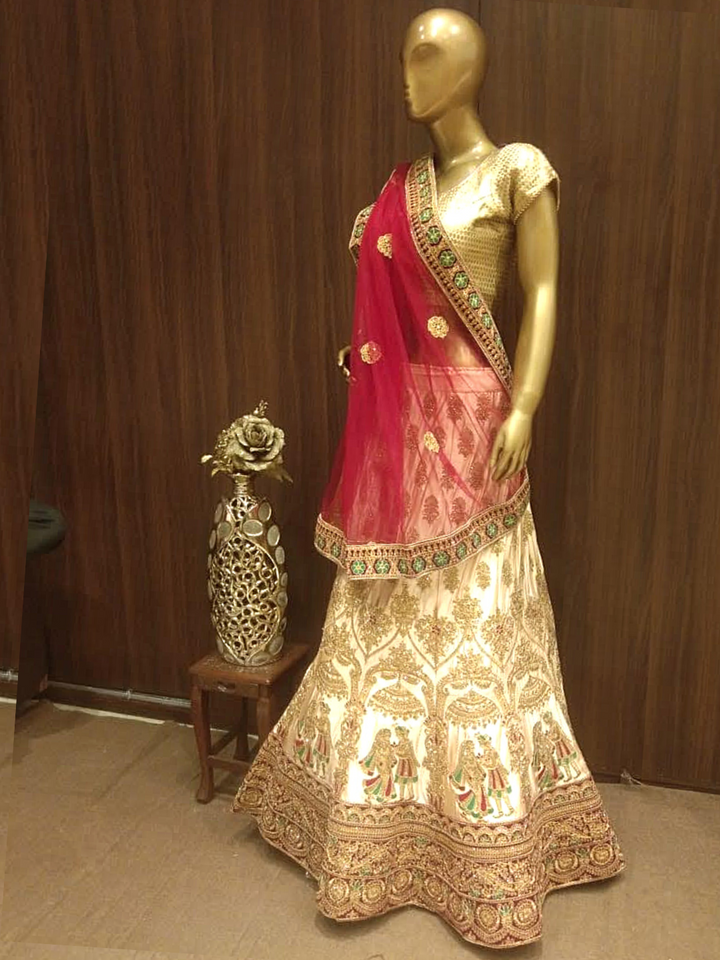 Beige Semi-Stitched Silk Lehenga with Heavy Gold Zari Embroidery & Velvet Blouse