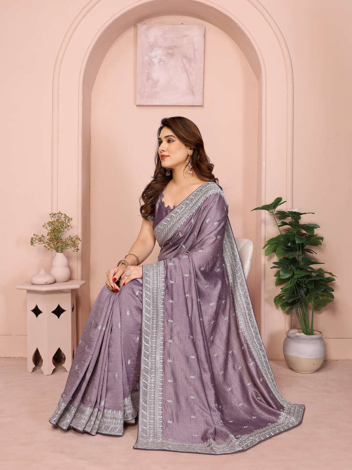 Mauve Sequin Embroidered Booti Saree with Broad Border