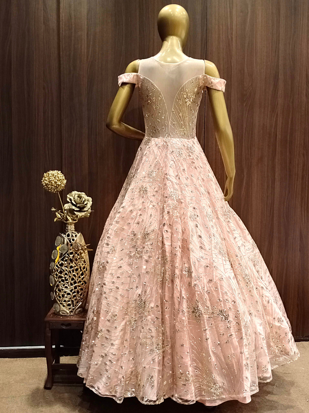 Rose Gold Pink Embellished Net Gown with Stylised Neckline & Hand Sequence Embroidery
