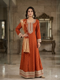 Silk Bandhani Zari Embroidered Anarkali with Banarasi Dupatta
