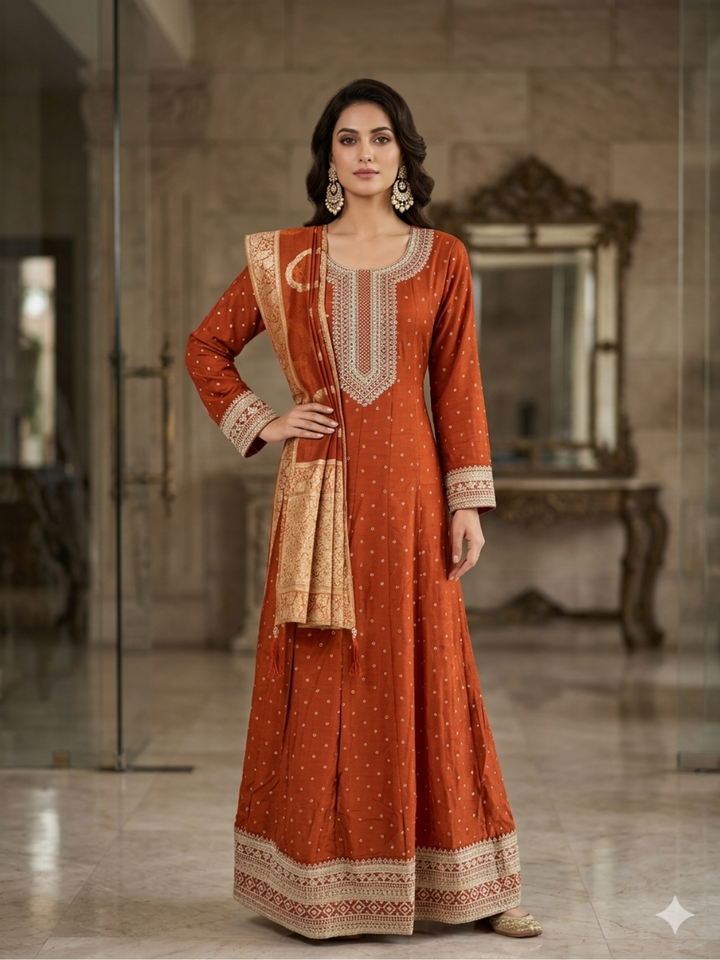 Silk Bandhani Zari Embroidered Anarkali with Banarasi Dupatta