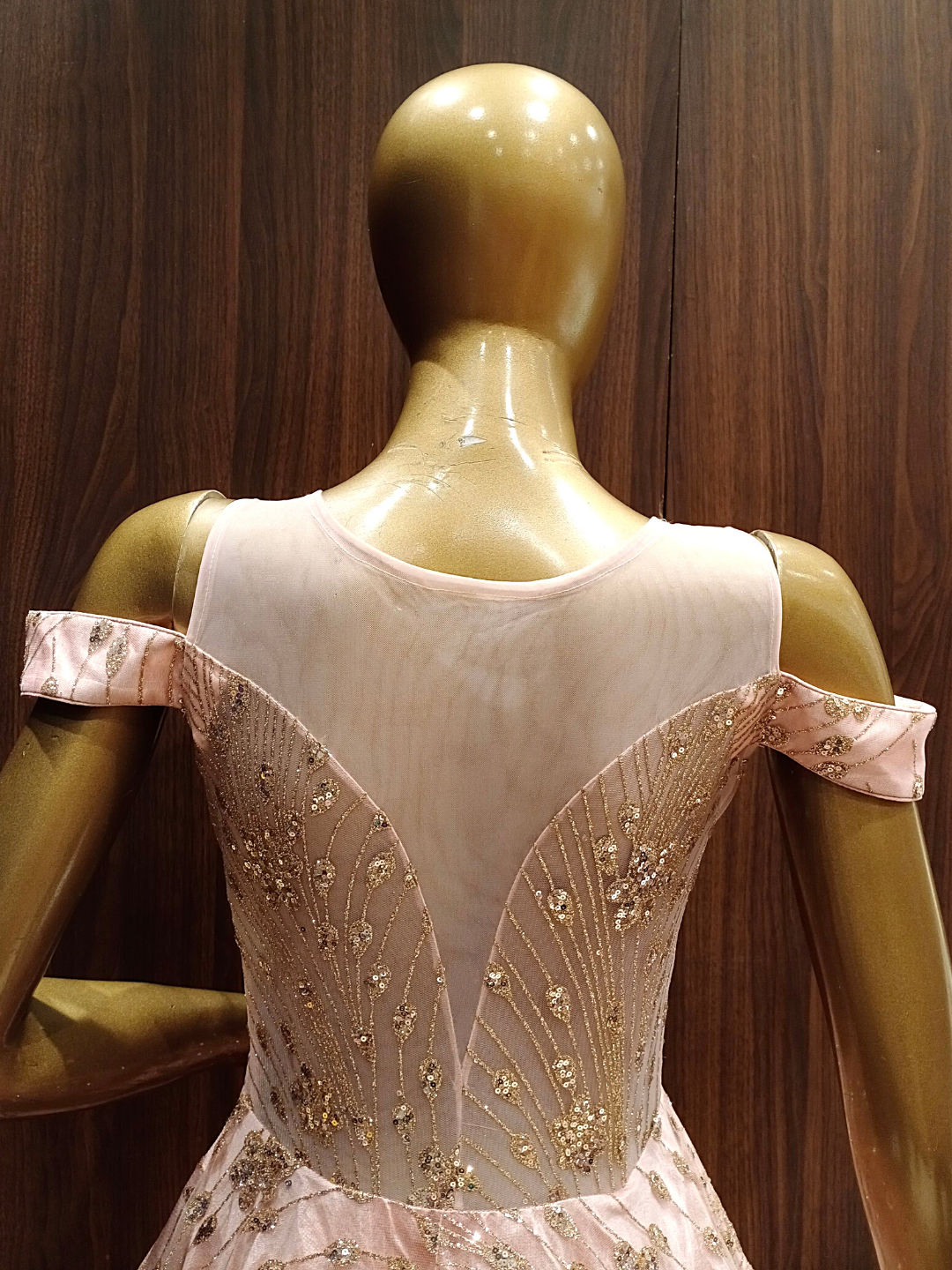 Rose Gold Pink Embellished Net Gown with Stylised Neckline & Hand Sequence Embroidery
