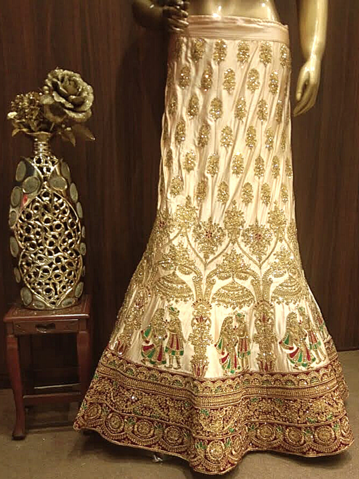 Beige Semi-Stitched Silk Lehenga with Heavy Gold Zari Embroidery & Velvet Blouse