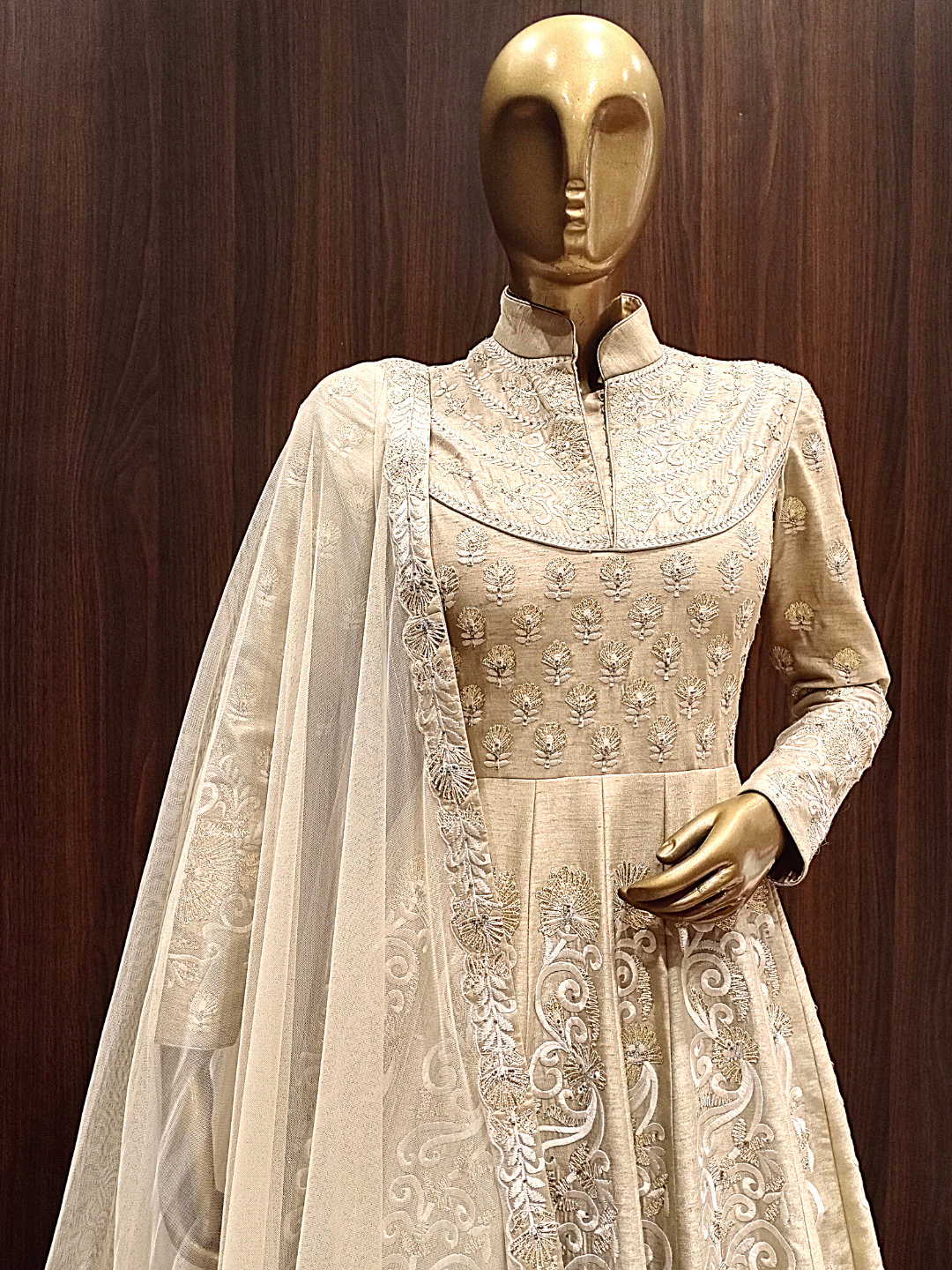 Beige Raw Silk Anarkali Gown With Gold,Resham Embroidery & Stylised Back