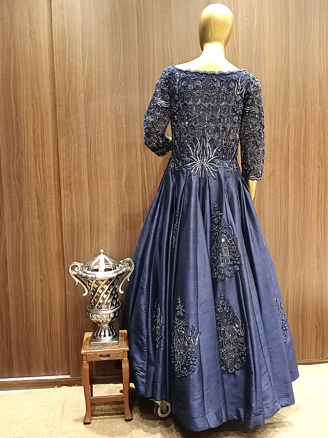 Blue Scalloped Neckline Raw Silk Gown With Metallic Cut Dana,Oxidised Hand Embroidery