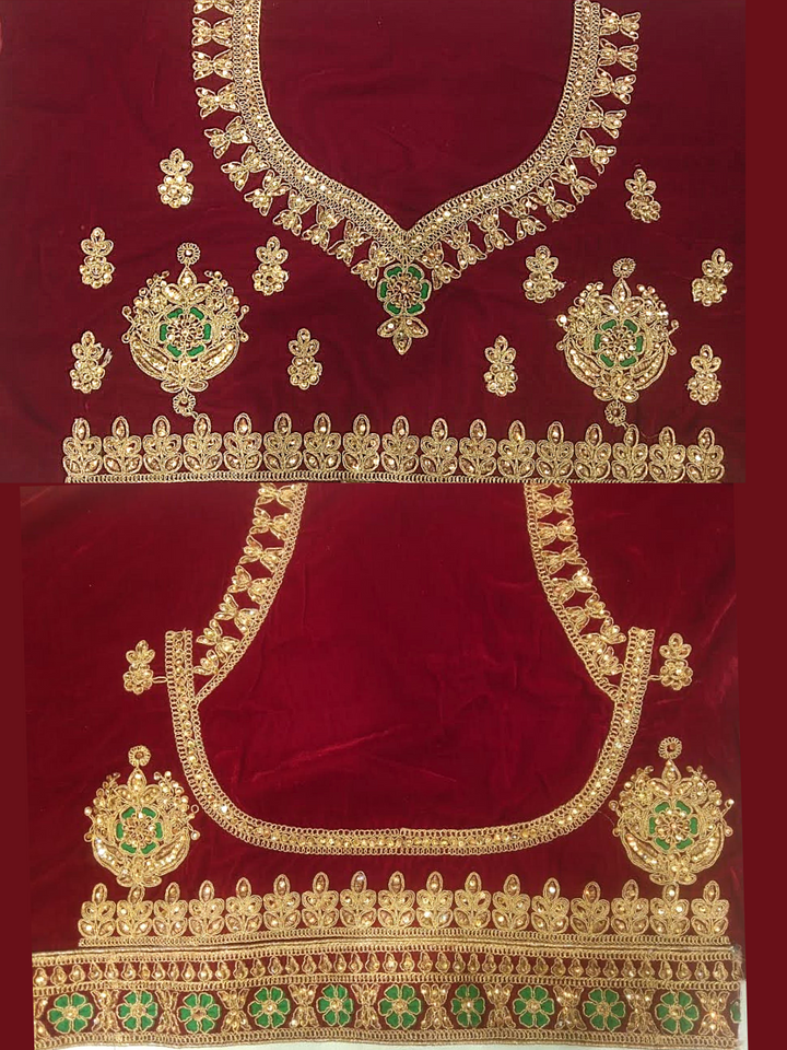 Beige Semi-Stitched Silk Lehenga with Heavy Gold Zari Embroidery & Velvet Blouse