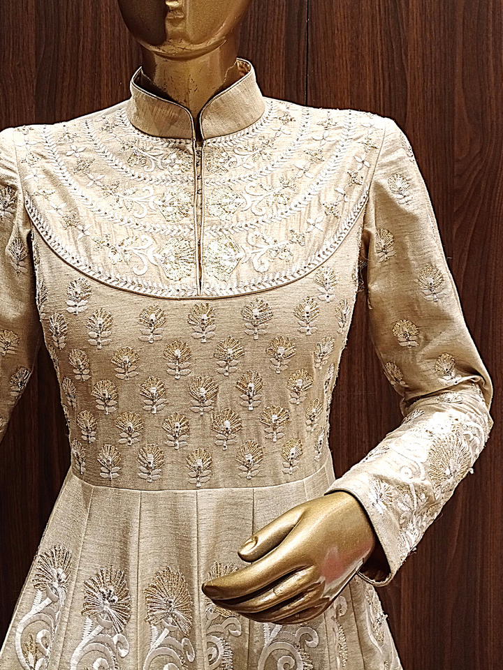 Beige Raw Silk Anarkali Gown With Gold,Resham Embroidery & Stylised Back