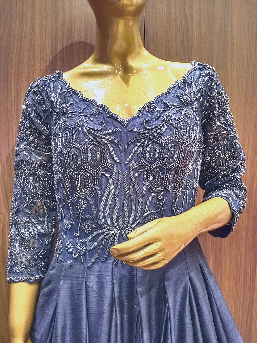 Blue Scalloped Neckline Raw Silk Gown With Metallic Cut Dana,Oxidised Hand Embroidery
