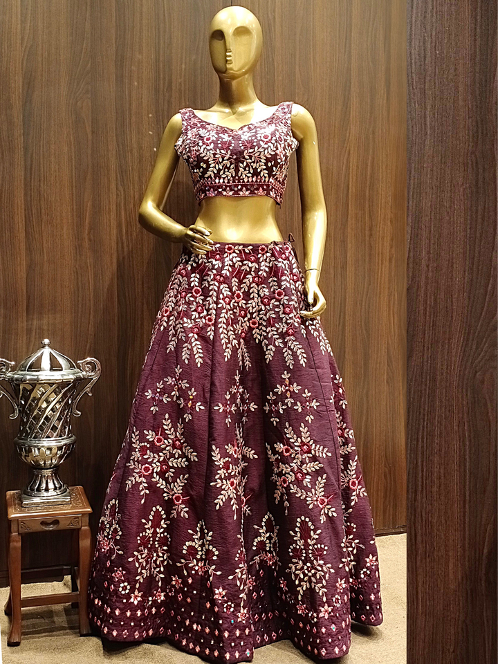 Wine Raw Silk Lehenga Set With Mirror Work, Sequence, Resham Embroidery