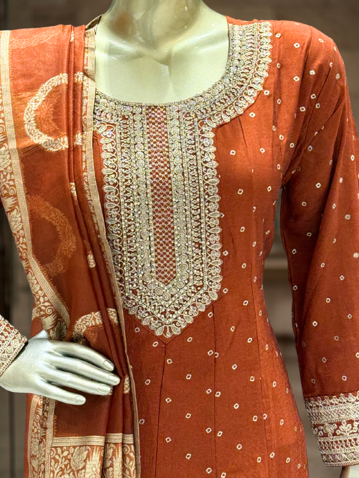 Silk Bandhani Zari Embroidered Anarkali with Banarasi Dupatta