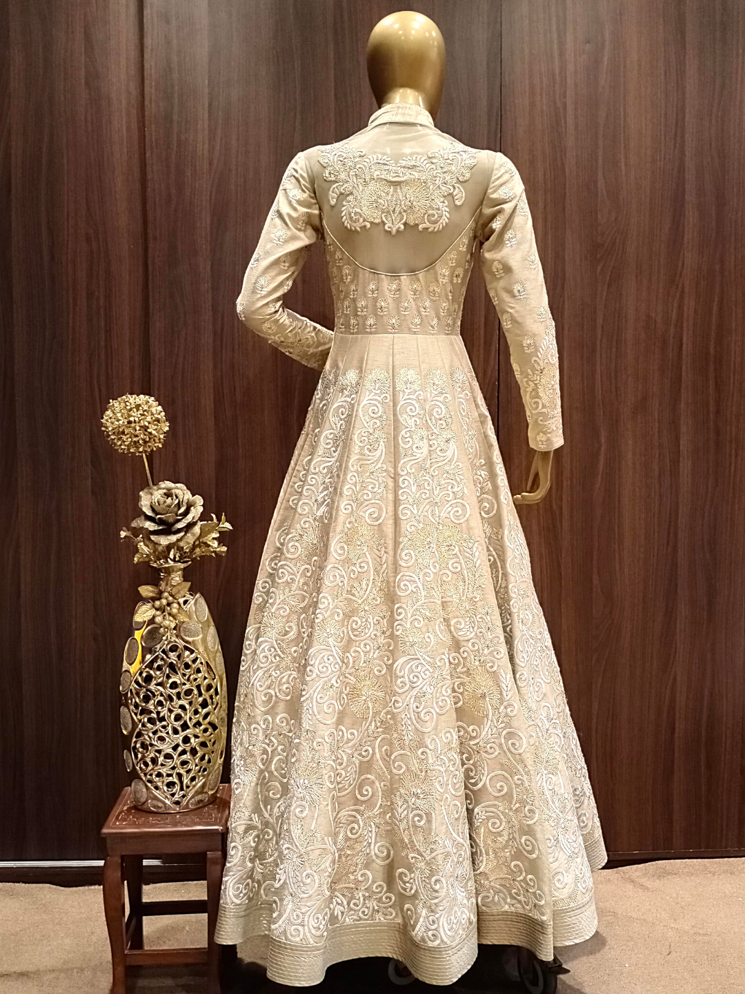 Beige Raw Silk Anarkali Gown With Gold,Resham Embroidery & Stylised Back