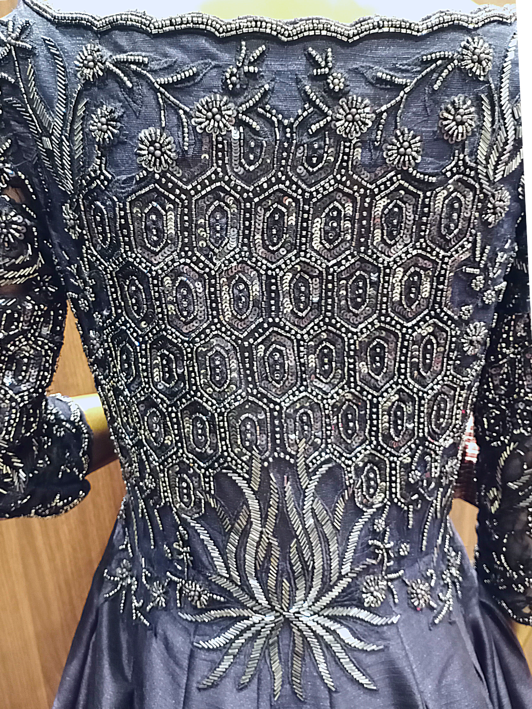 Blue Scalloped Neckline Raw Silk Gown With Metallic Cut Dana,Oxidised Hand Embroidery