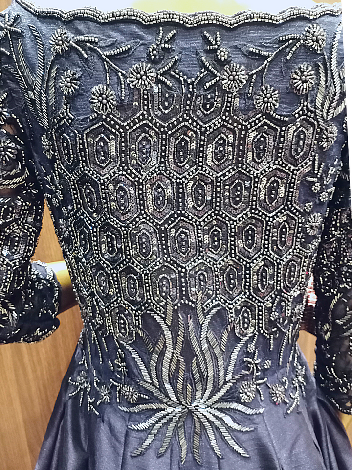Blue Scalloped Neckline Raw Silk Gown With Metallic Cut Dana,Oxidised Hand Embroidery
