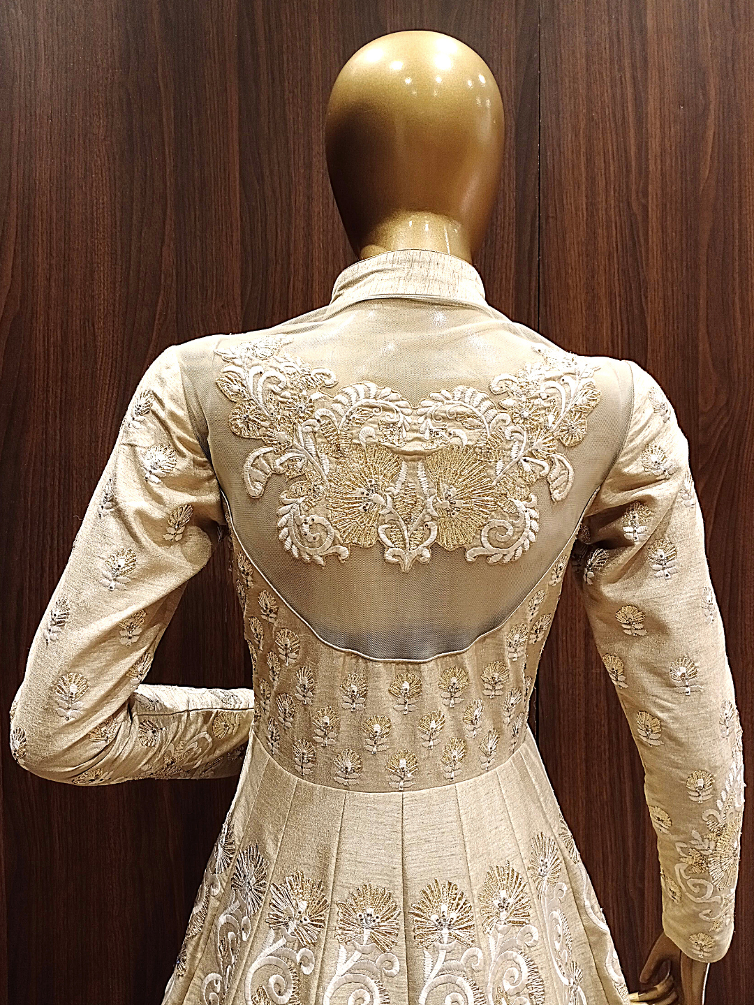 Beige Raw Silk Anarkali Gown With Gold,Resham Embroidery & Stylised Back