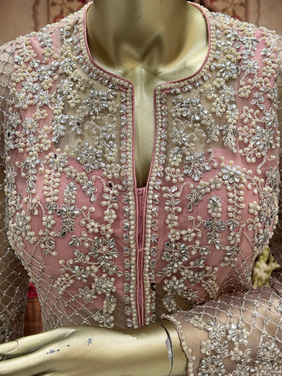 Pearl & Sequin Embroidered Jacket Blouse with Palazzo Set Dusty Pink