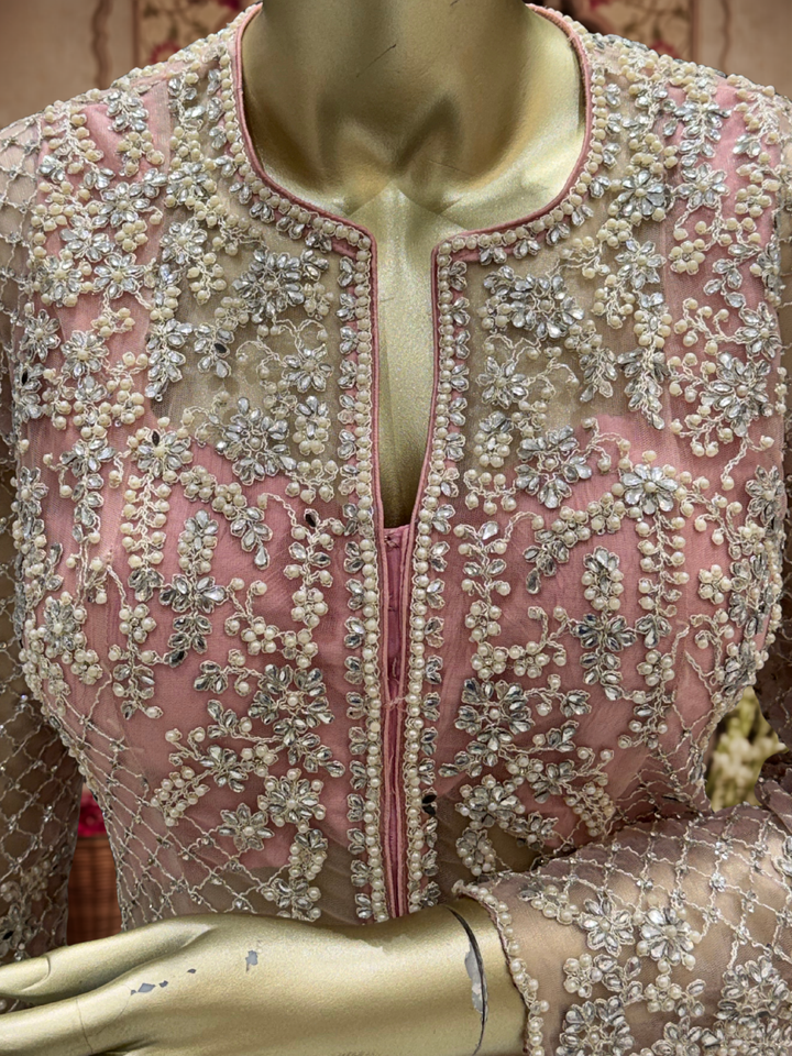 Pearl & Sequin Embroidered Jacket Blouse with Palazzo Set Dusty Pink