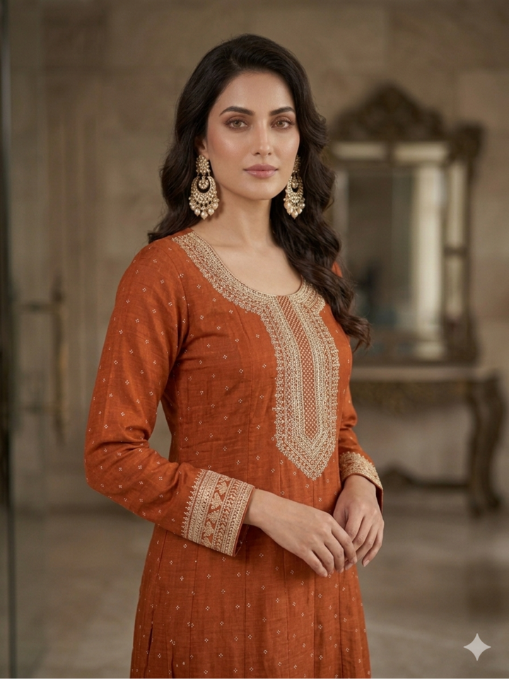 Silk Bandhani Zari Embroidered Anarkali with Banarasi Dupatta