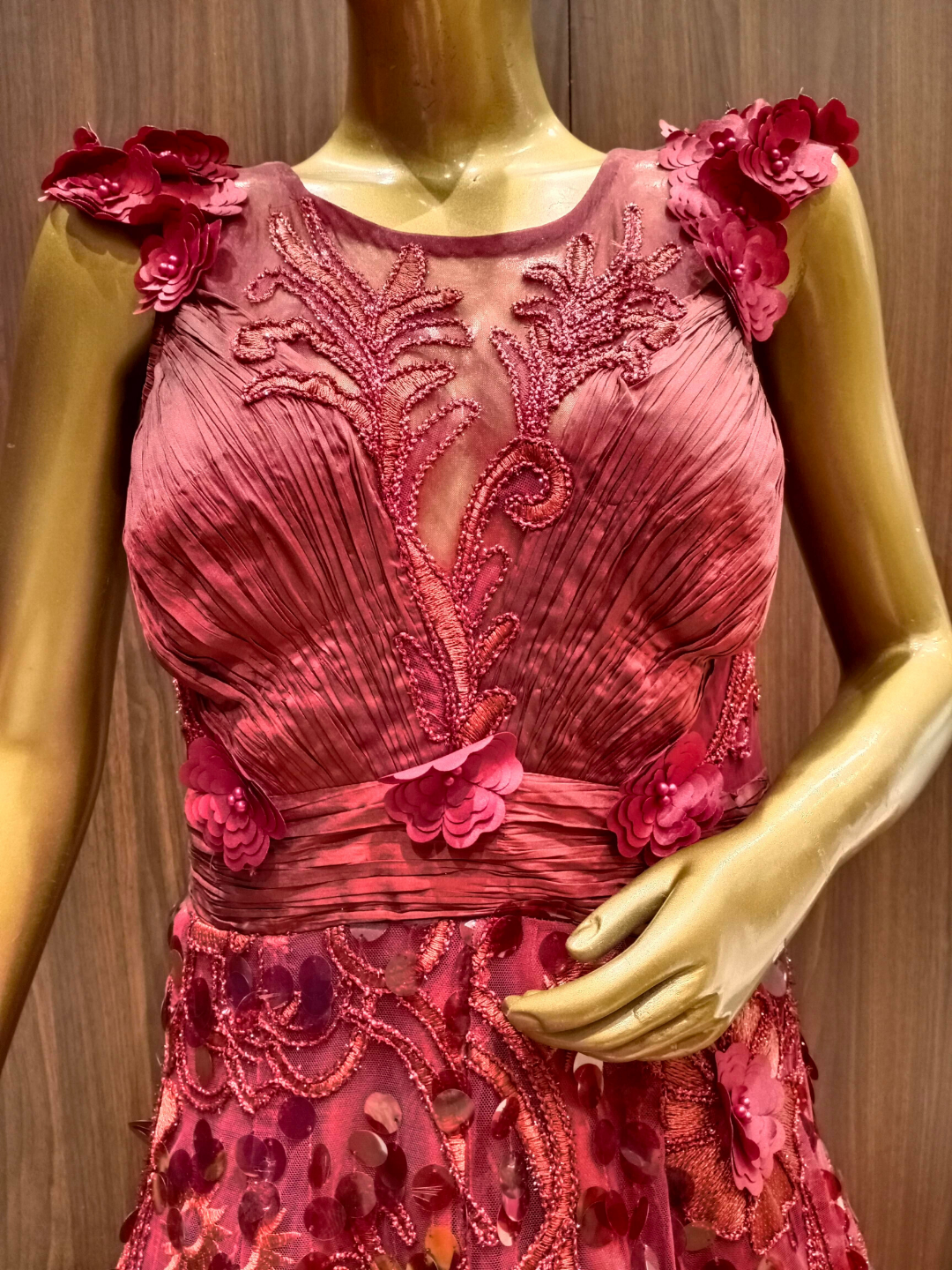 Maroon Embellished Net Gown with Pleating Ruching Neckline & Hand Sequence Embroidery