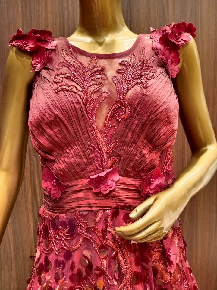 Maroon Embellished Net Gown with Pleating Ruching Neckline & Hand Sequence Embroidery