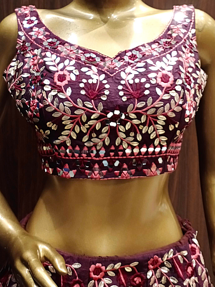 Wine Raw Silk Lehenga Set With Mirror Work, Sequence, Resham Embroidery