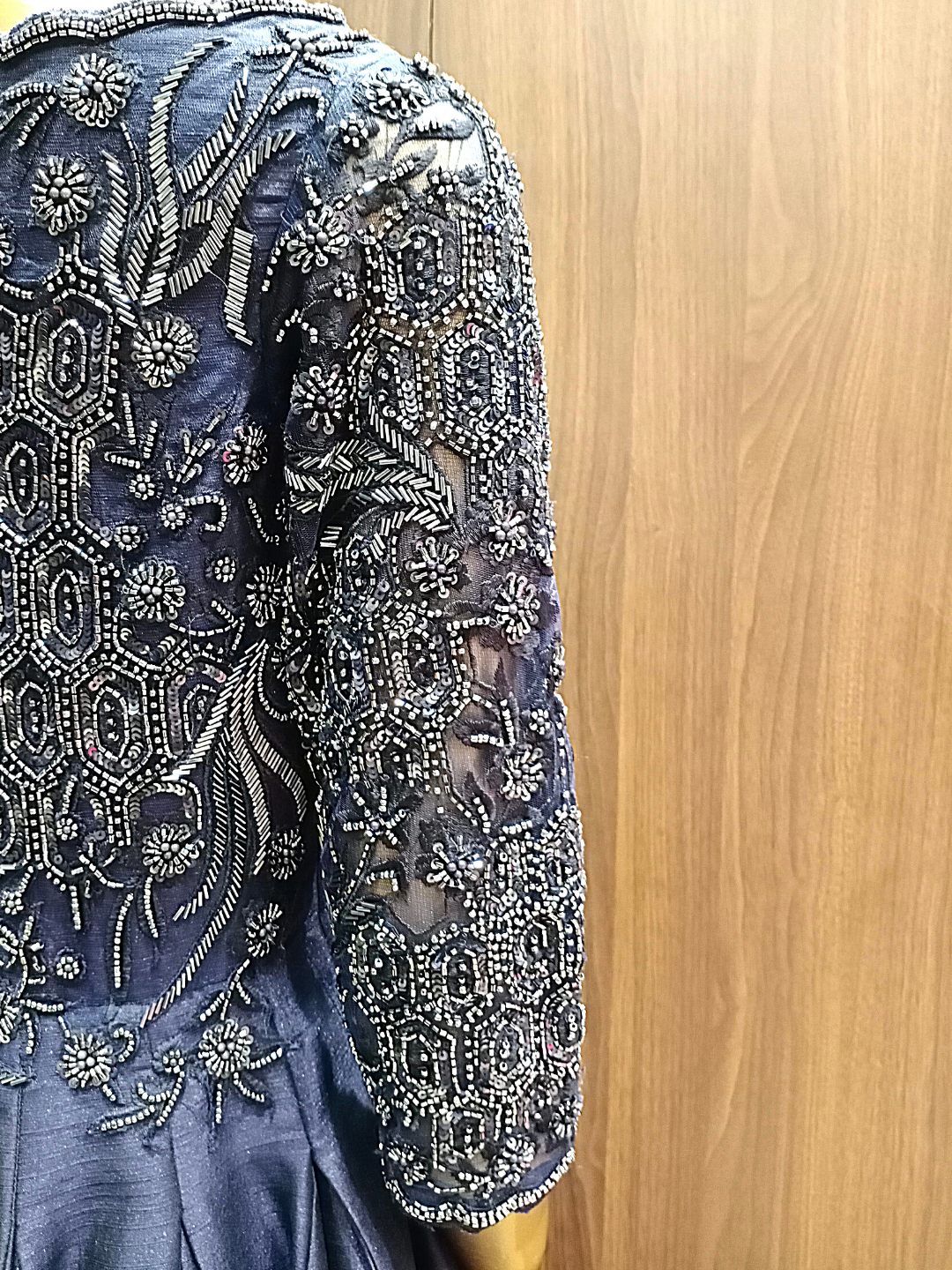 Blue Scalloped Neckline Raw Silk Gown With Metallic Cut Dana,Oxidised Hand Embroidery