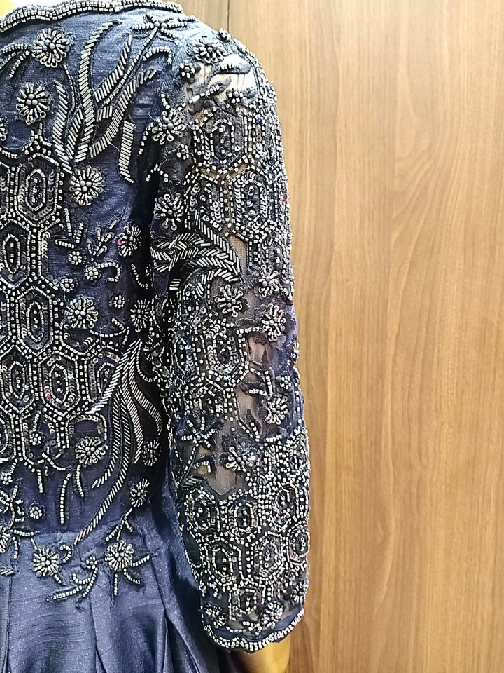 Blue Scalloped Neckline Raw Silk Gown With Metallic Cut Dana,Oxidised Hand Embroidery