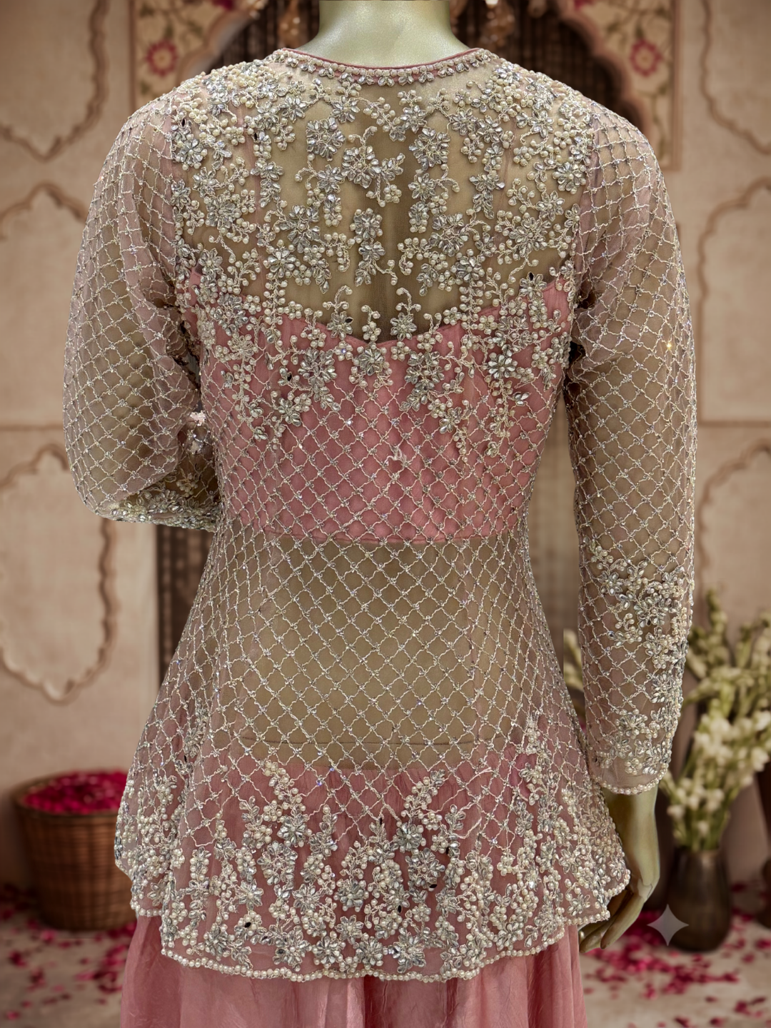 Pearl & Sequin Embroidered Jacket Blouse with Palazzo Set Dusty Pink