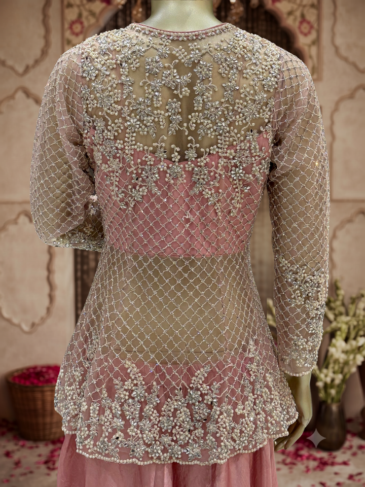 Pearl & Sequin Embroidered Jacket Blouse with Palazzo Set Dusty Pink