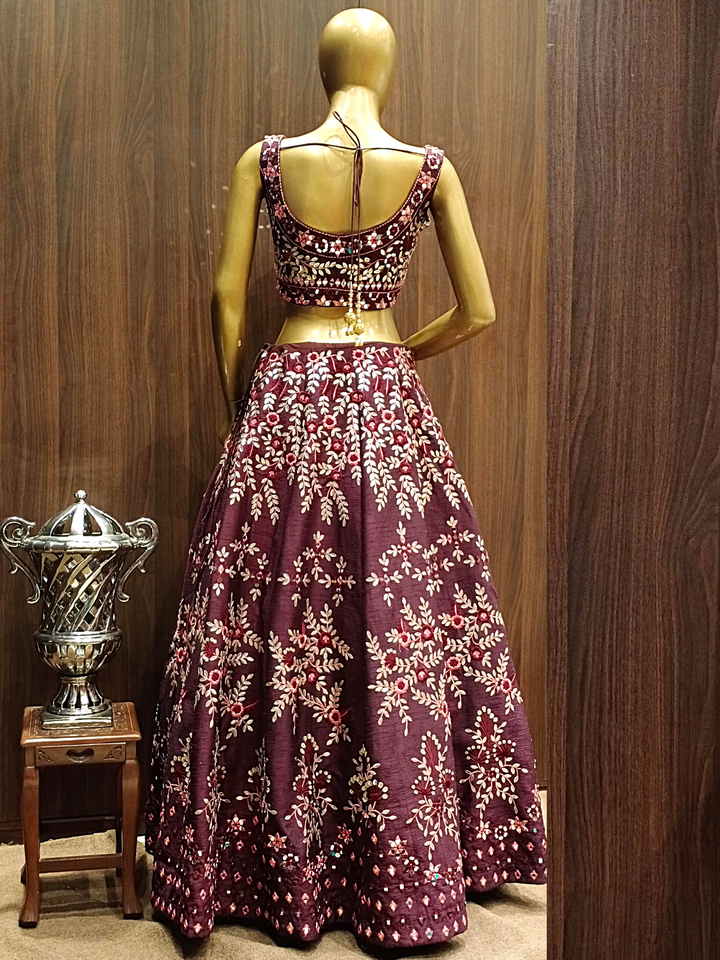 Wine Raw Silk Lehenga Set With Mirror Work, Sequence, Resham Embroidery
