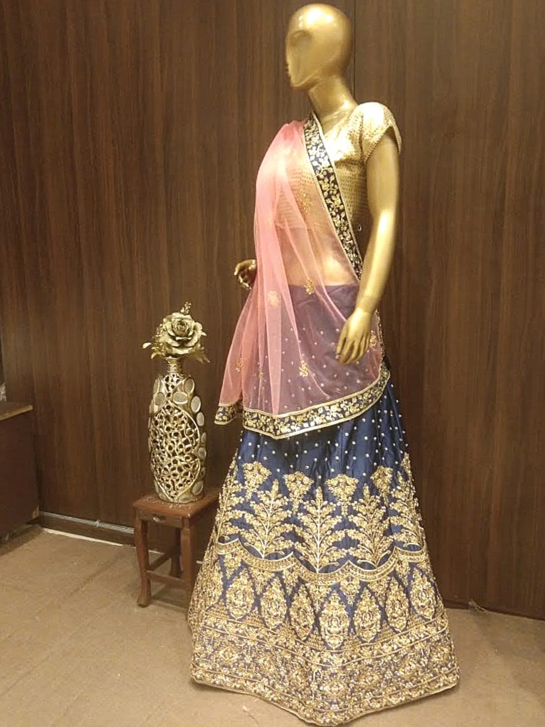 Deep Blue Semi-Stitched Silk Embellished Lehenga with Pastel Pink Dupatta