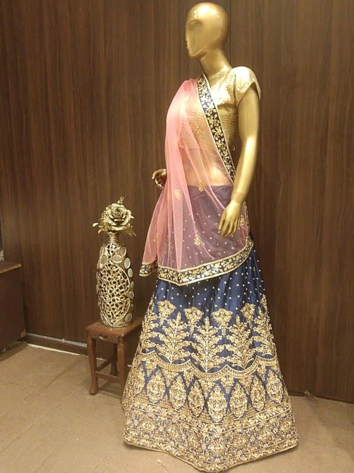 Deep Blue Semi-Stitched Silk Embellished Lehenga with Pastel Pink Dupatta
