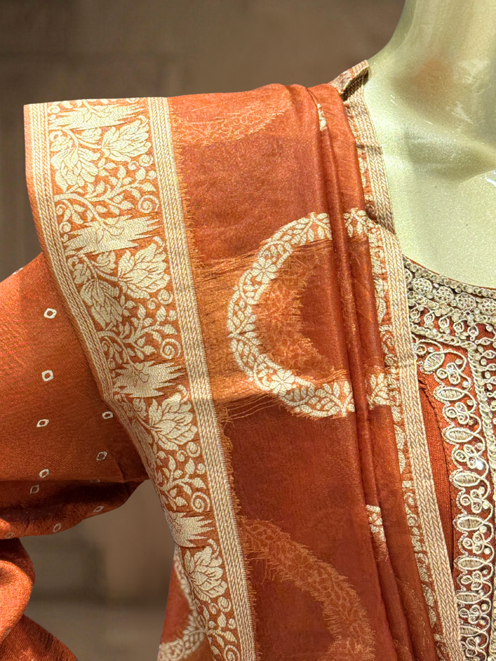 Silk Bandhani Zari Embroidered Anarkali with Banarasi Dupatta