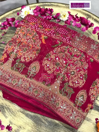 Banarasi Bandhani Zari Embroidered & Mirror Work Saree in Magenta Pink