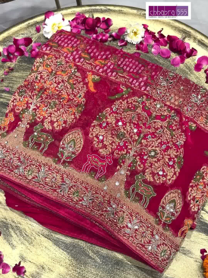 Banarasi Bandhani Zari Embroidered & Mirror Work Saree in Magenta Pink
