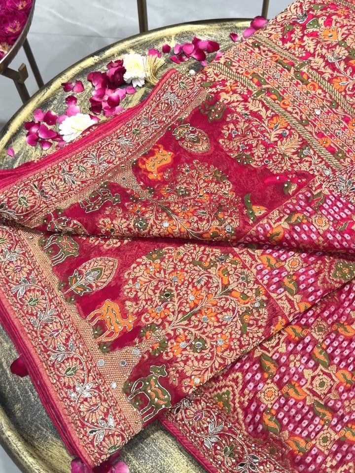 Banarasi Bandhani Zari Embroidered & Mirror Work Saree in Magenta Pink