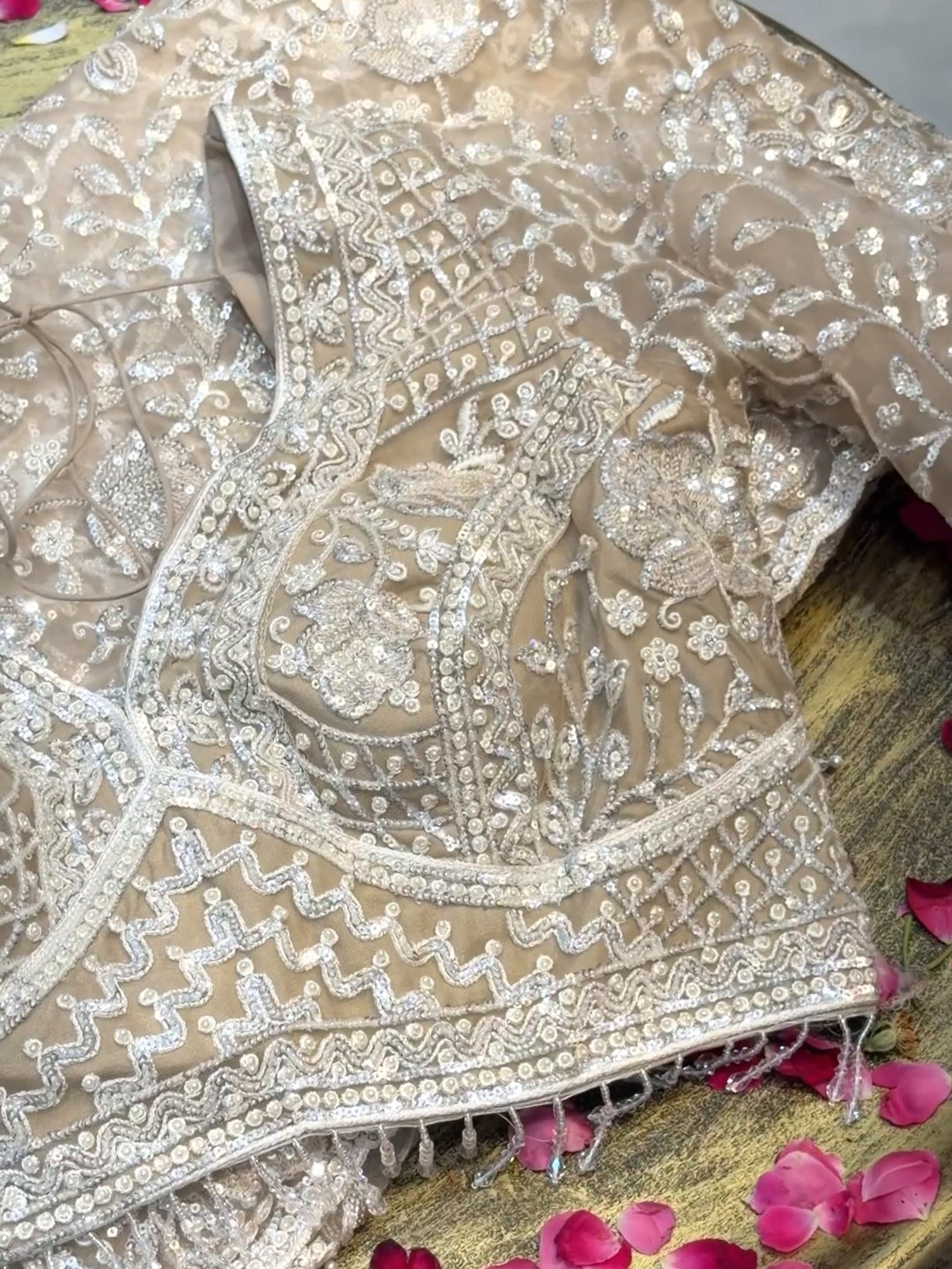 Heavy Silver Sequin & Bead Embroidered Net Bridal Saree with Scalloped Border in Ivory