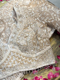 Heavy Silver Sequin & Bead Embroidered Net Bridal Saree with Scalloped Border in Ivory