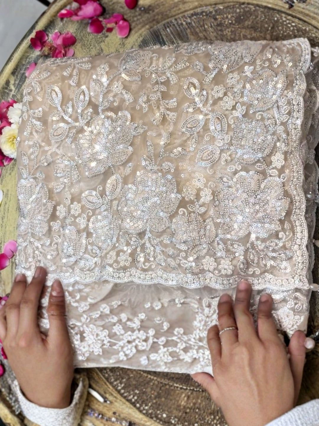 Heavy Silver Sequin & Bead Embroidered Net Bridal Saree with Scalloped Border in Ivory