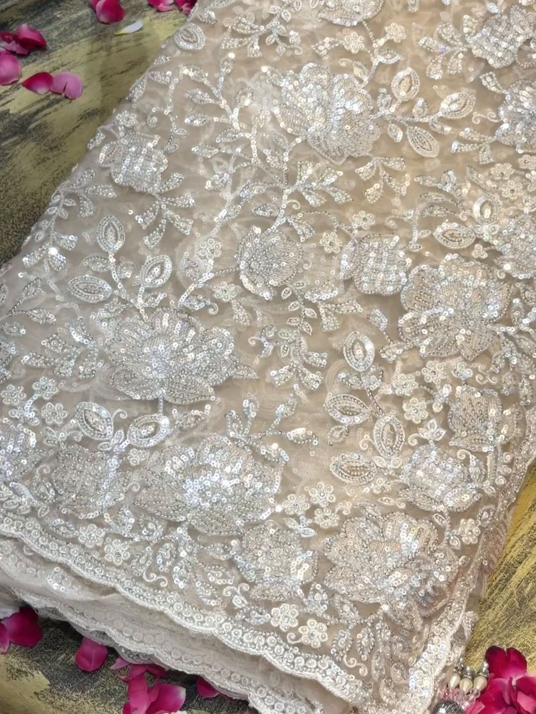 Heavy Silver Sequin & Bead Embroidered Net Bridal Saree with Scalloped Border in Ivory