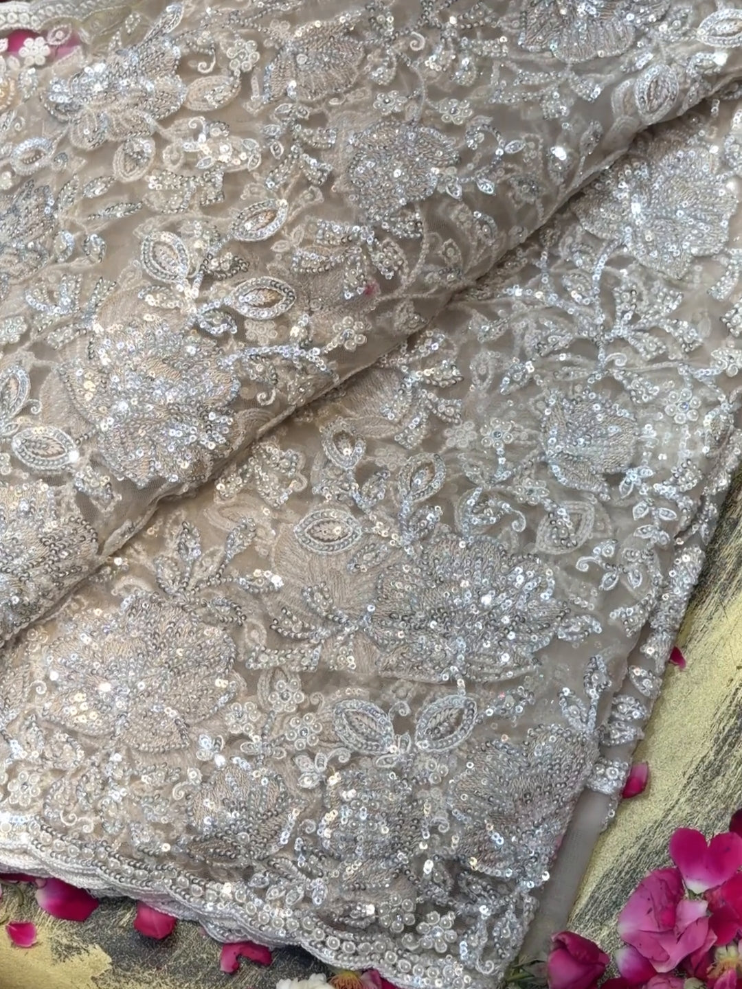 Heavy Silver Sequin & Bead Embroidered Net Bridal Saree with Scalloped Border in Ivory