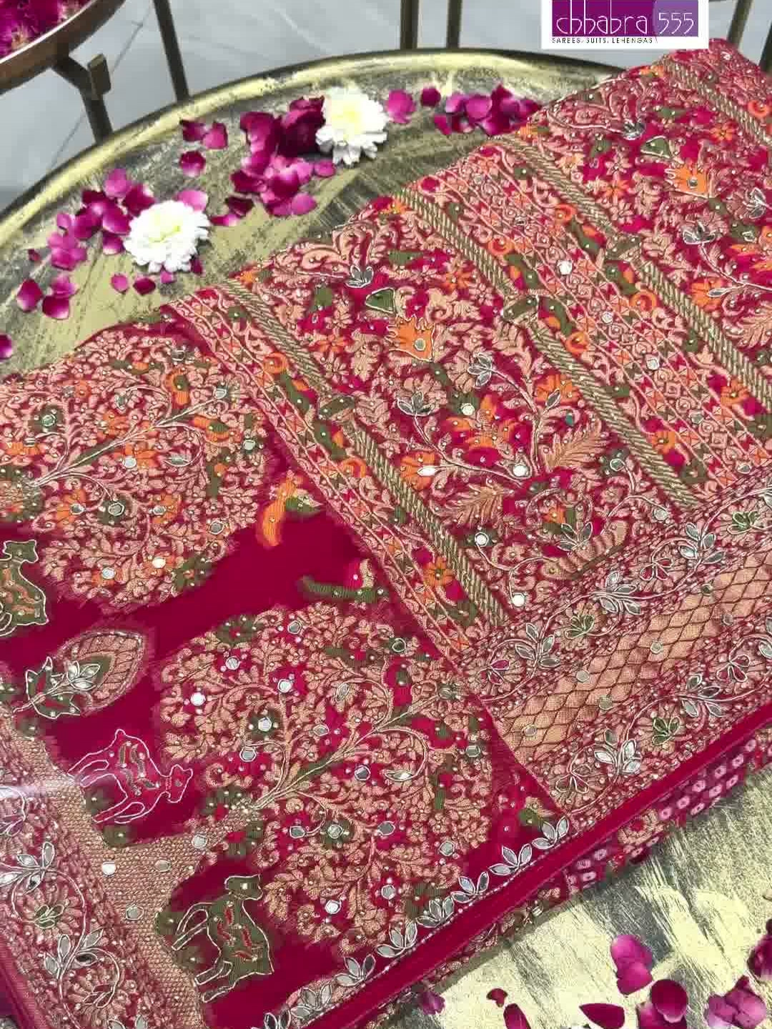 Banarasi Bandhani Zari Embroidered & Mirror Work Saree in Magenta Pink