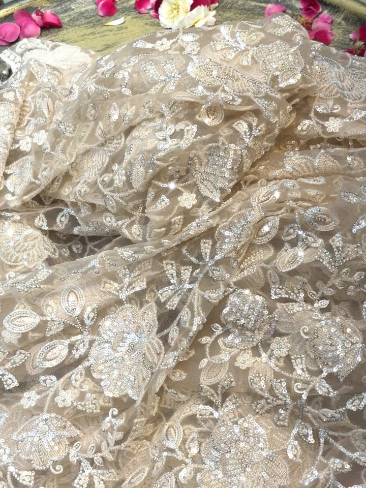 Heavy Silver Sequin & Bead Embroidered Net Bridal Saree with Scalloped Border in Ivory