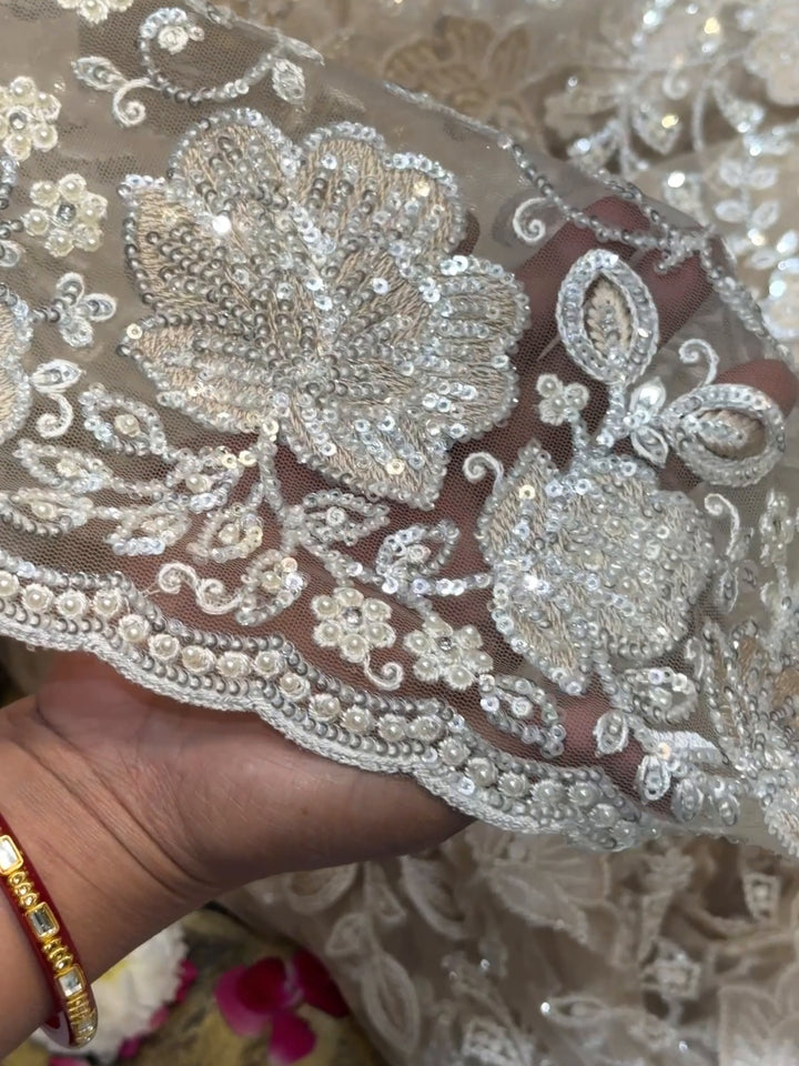 Heavy Silver Sequin & Bead Embroidered Net Bridal Saree with Scalloped Border in Ivory