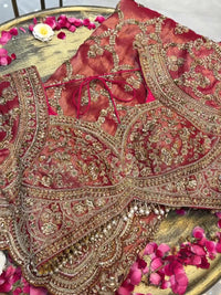 Heavy Zari & Kundan Embroidered Silk Bridal Saree with Heavy Embroidered Blouse in Rust