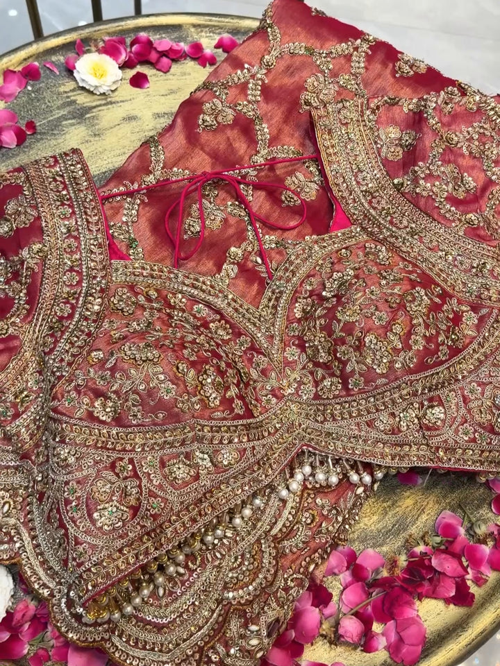 Heavy Zari & Kundan Embroidered Silk Bridal Saree with Heavy Embroidered Blouse in Rust