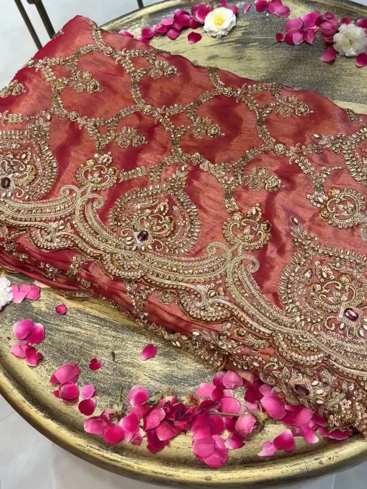 Heavy Zari & Kundan Embroidered Silk Bridal Saree with Heavy Embroidered Blouse in Rust