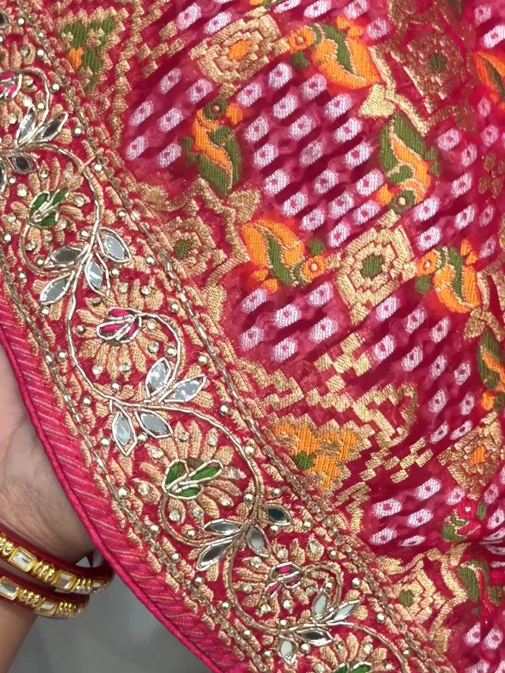 Banarasi Bandhani Zari Embroidered & Mirror Work Saree in Magenta Pink